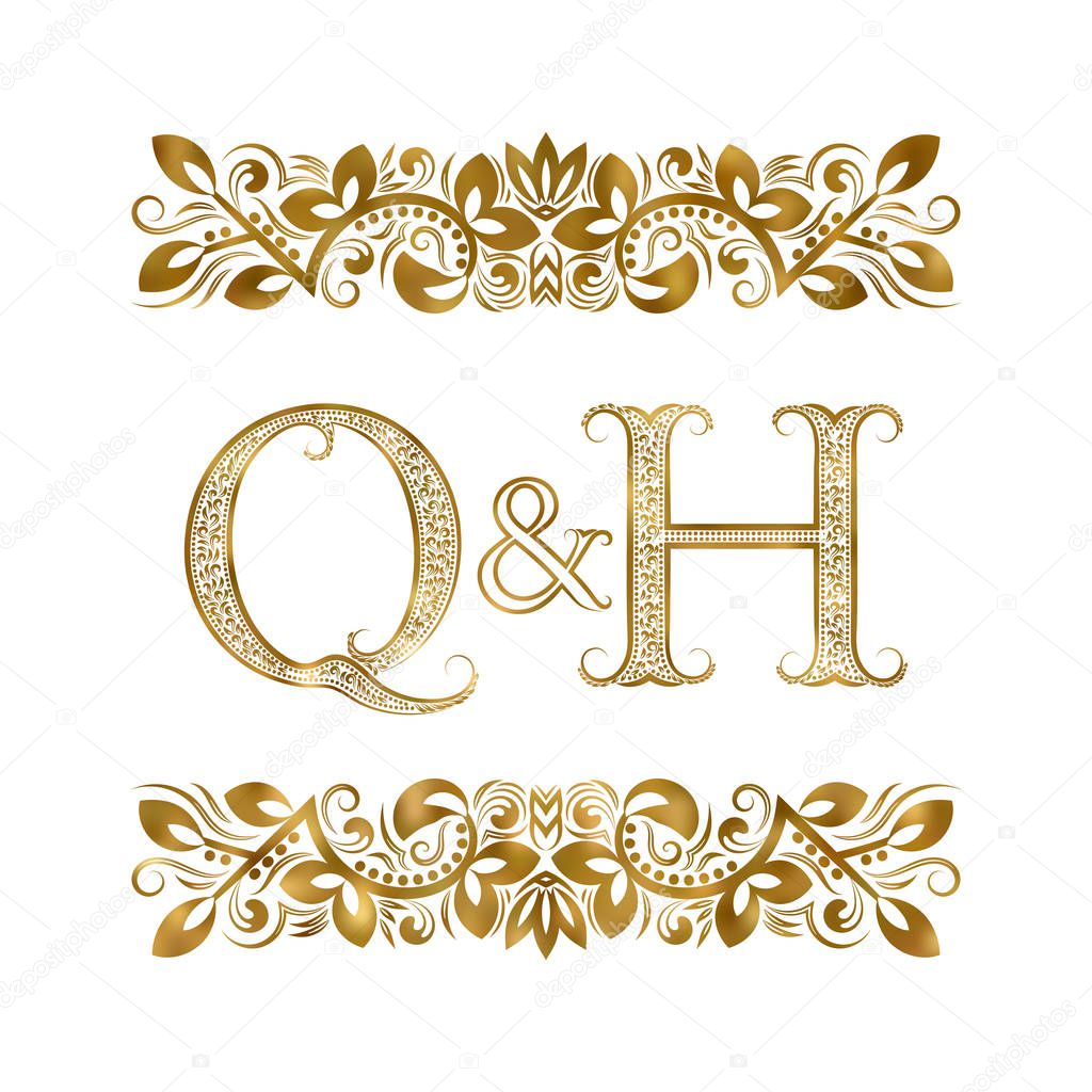 Q and H vintage initials logo symbol. The letters are surrounded by ornamental elements. Wedding or business partners monogram in royal style.