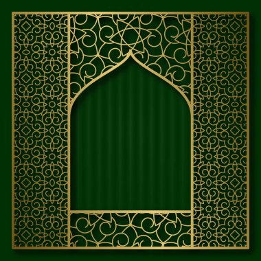 Doğulu kemerli pencere şeklinde altın desenli çerçeve. Eski tebrik kartı arkaplanı.
