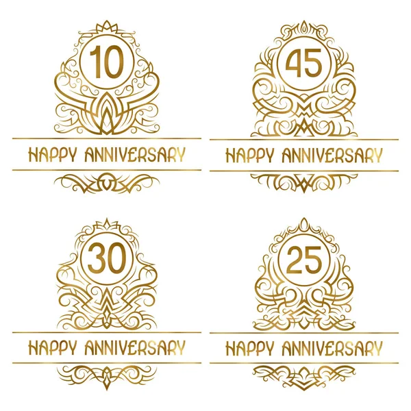 Conjunto de emblemas vintage aniversário de ouro para dez, vinte e cinco, trinta, quarenta e cinco anos . — Vetor de Stock