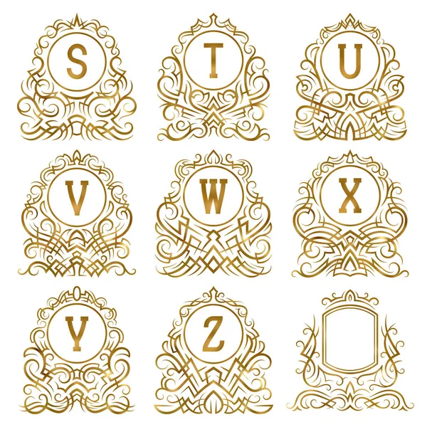 Golden vintage monograms of letters from S to Z in patterned frames. Isolated elements for logo design. — Stock Vector