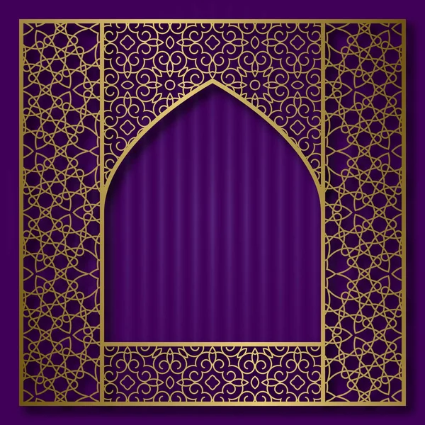 Golden patterned frame in oriental arched window form. Vintage greeting card background. — Stock Vector