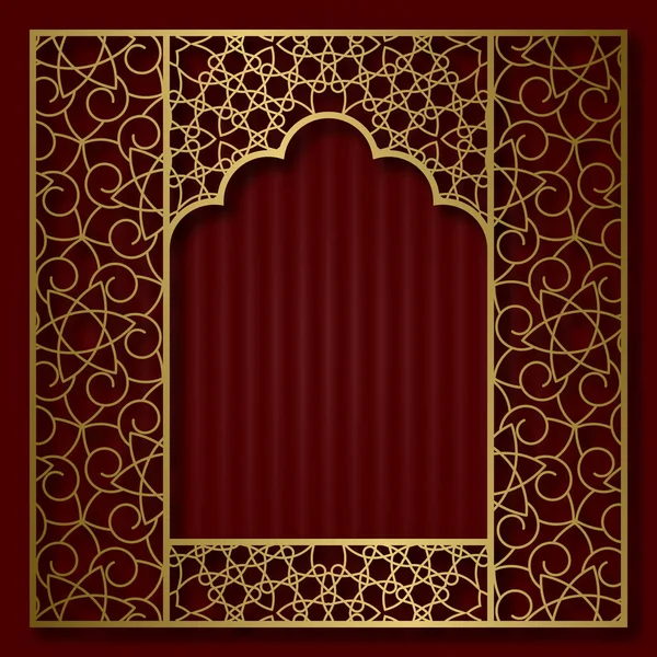 Goldener gemusterter Rahmen in orientalischer Bogenfensterform. Vintage Grußkarte Hintergrund. — Stockvektor