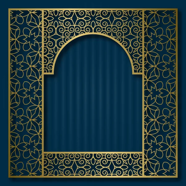 Golden patterned frame in oriental arched window form. Vintage greeting card background. — Stock Vector