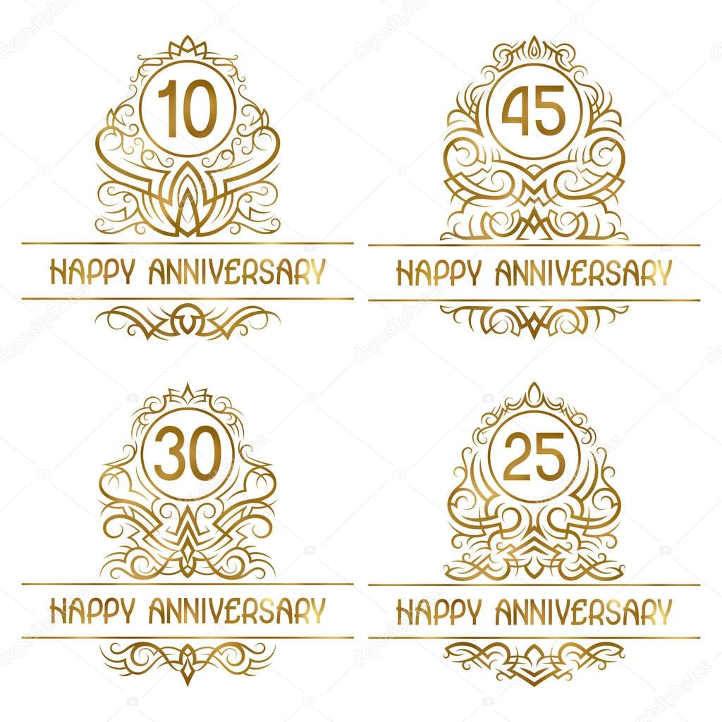 Set of golden anniversary vintage emblems for ten, twenty five, thirty, forty five years. 