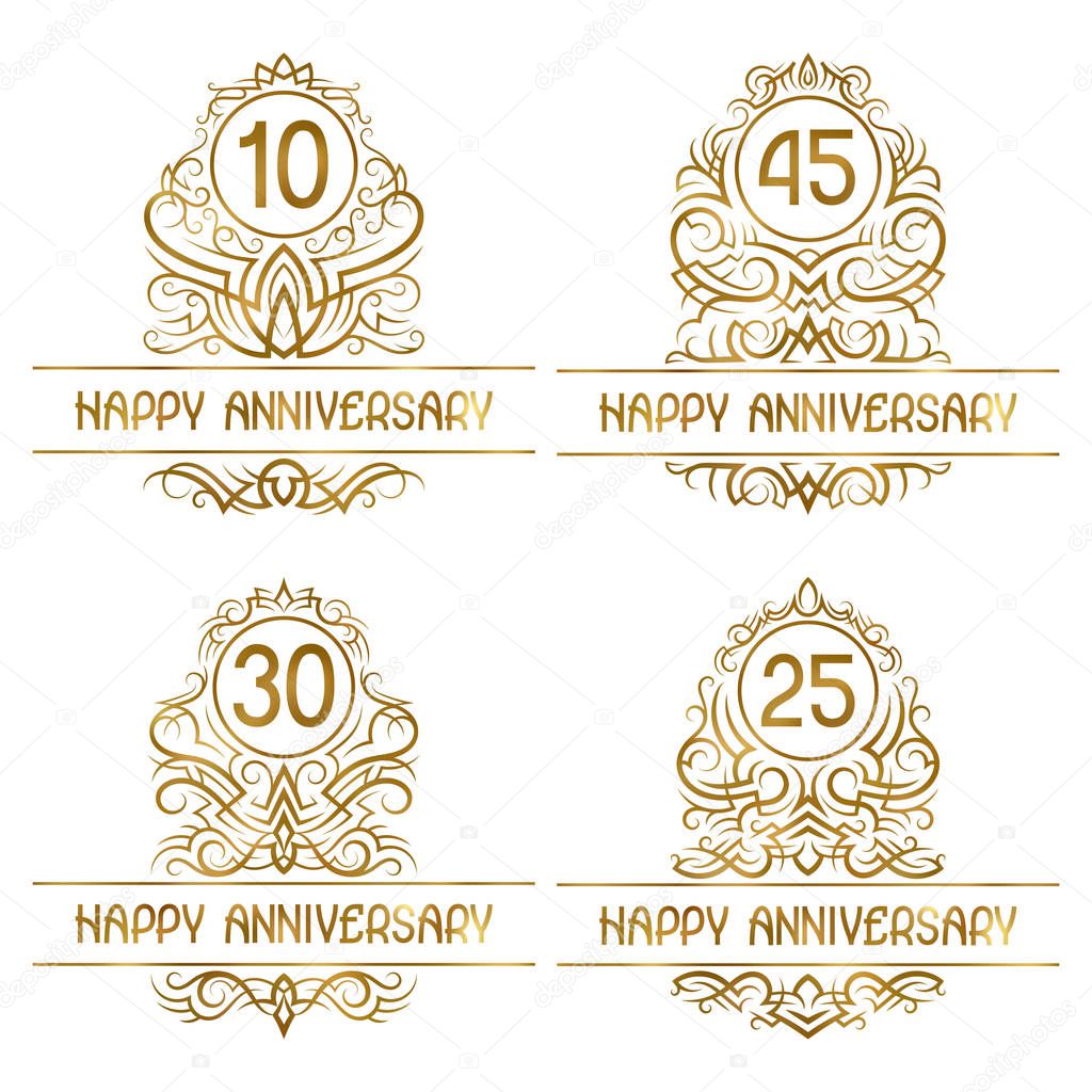 Set of golden anniversary vintage emblems for ten, twenty five, thirty, forty five years.
