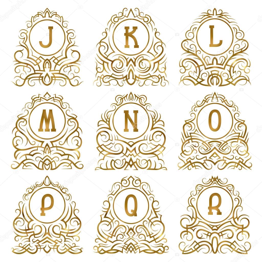 Golden vintage monograms of letters from J to R in patterned frames. Isolated elements for logo design.