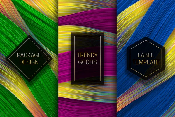 Luxury packaging design. Set of colorful labels templates for trendy goods. Holographic backgrounds with beautiful golden black frames. — Stock Vector