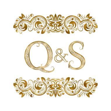 Q ve S vintage logo sembol adının baş harfleri. Harfleri süs öğeleri tarafından çevrili. Düğün ya da iş ortakları monogram Kraliyet tarzı.