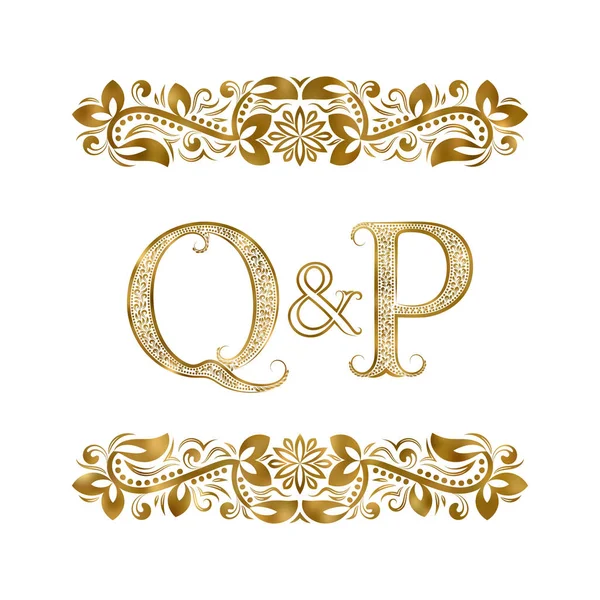 Q και P vintage αρχικά λογότυπο σύμβολο. Τα γράμματα που περιβάλλεται από διακοσμητικά στοιχεία. Γάμο ή επαγγελματίες συνεργάτες μονόγραμμα στο μπαρακι. — Διανυσματικό Αρχείο