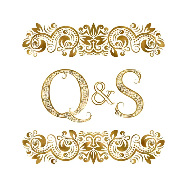 Q 그리고 S 빈티지 이니셜 로고 기호. 글자 장식 요소에 의해 포위 된다. 결혼식 또는 로얄 스타일에서 비즈니스 파트너 모노 그램. — 스톡 벡터