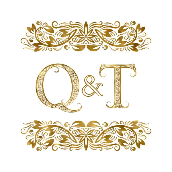 Q y T vintage iniciales símbolo del logotipo. Las letras están rodeadas de elementos ornamentales. Boda o socios de negocios monograma en estilo real . — Vector de stock