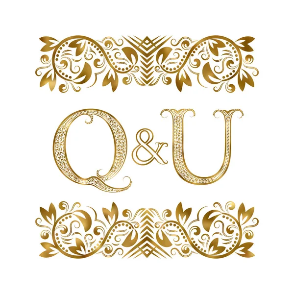 Q y U vintage iniciales símbolo del logotipo. Las letras están rodeadas de elementos ornamentales. Boda o socios de negocios monograma en estilo real . — Vector de stock