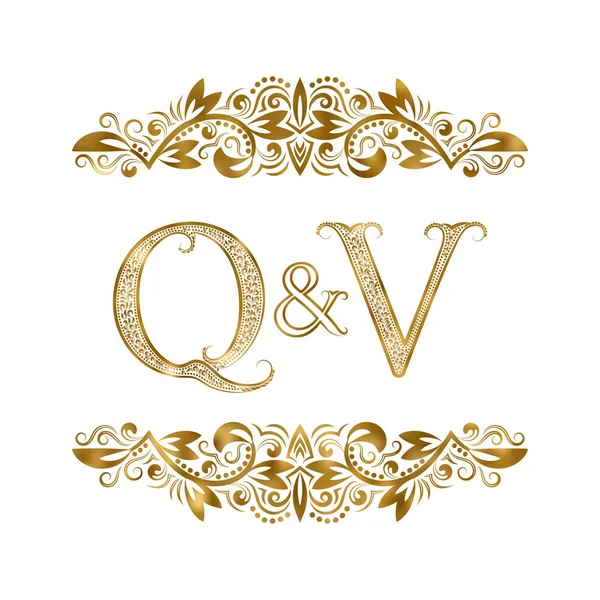 Q and V vintage initials logo symbol. The letters are surrounded by ornamental elements. Wedding or business partners monogram in royal style. — Stock Vector