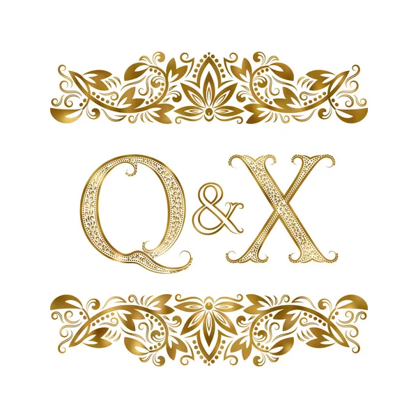 Q and X vintage initials logo symbol. The letters are surrounded by ornamental elements. Wedding or business partners monogram in royal style. — Stock Vector