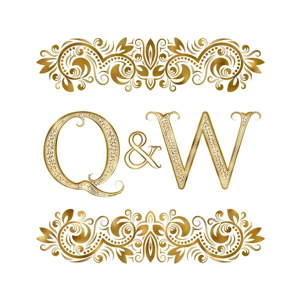 Q and W vintage initials logo symbol. The letters are surrounded by ornamental elements. Wedding or business partners monogram in royal style. — Stock Vector