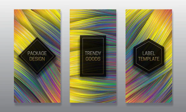 Luxury packaging design. Set of colorful labels templates for trendy goods. Holographic backgrounds with volumetric black frames. — Stock Vector