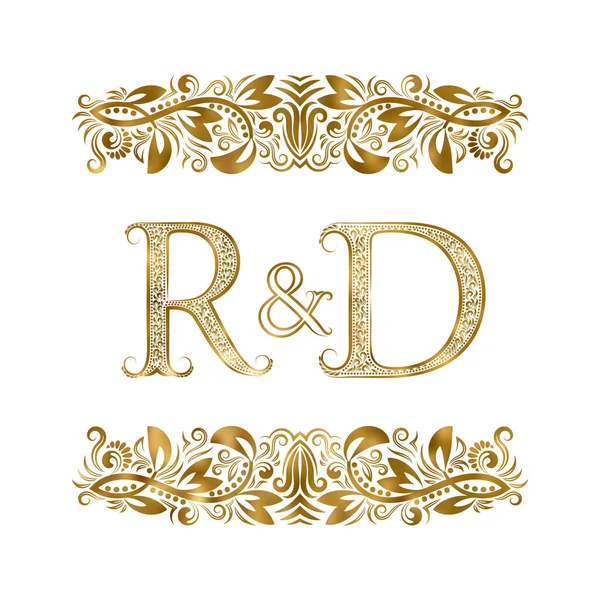 R and D vintage initials logo symbol. The letters are surrounded by ornamental elements. Wedding or business partners monogram in royal style. — Stock Vector