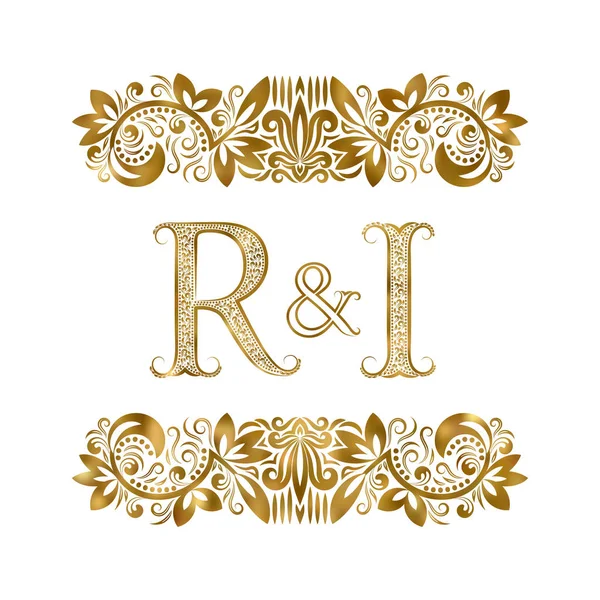 R and I vintage initials logo symbol. The letters are surrounded by ornamental elements. Wedding or business partners monogram in royal style. — Stock Vector
