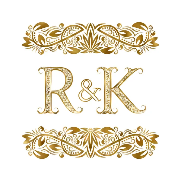 Signatura de las iniciales R y K vintage. Las letras están rodeadas de elementos ornamentales. Boda o socios de negocios monograma en estilo real . — Vector de stock