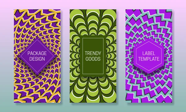 Diseño de embalaje de ilusión óptica. Conjunto de plantillas de etiquetas de colores para productos de moda. Hermosos fondos originales con marcos de colores . — Archivo Imágenes Vectoriales