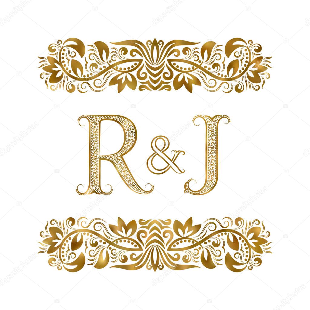 R and J vintage initials logo symbol. The letters are surrounded by ornamental elements. Wedding or business partners monogram in royal style.