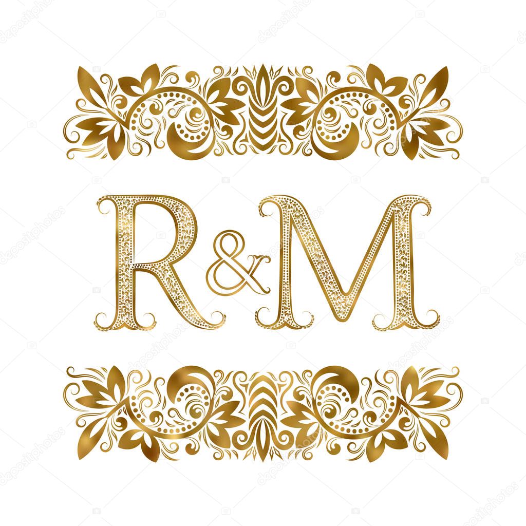 R and M vintage initials logo symbol. The letters are surrounded by ornamental elements. Wedding or business partners monogram in royal style.