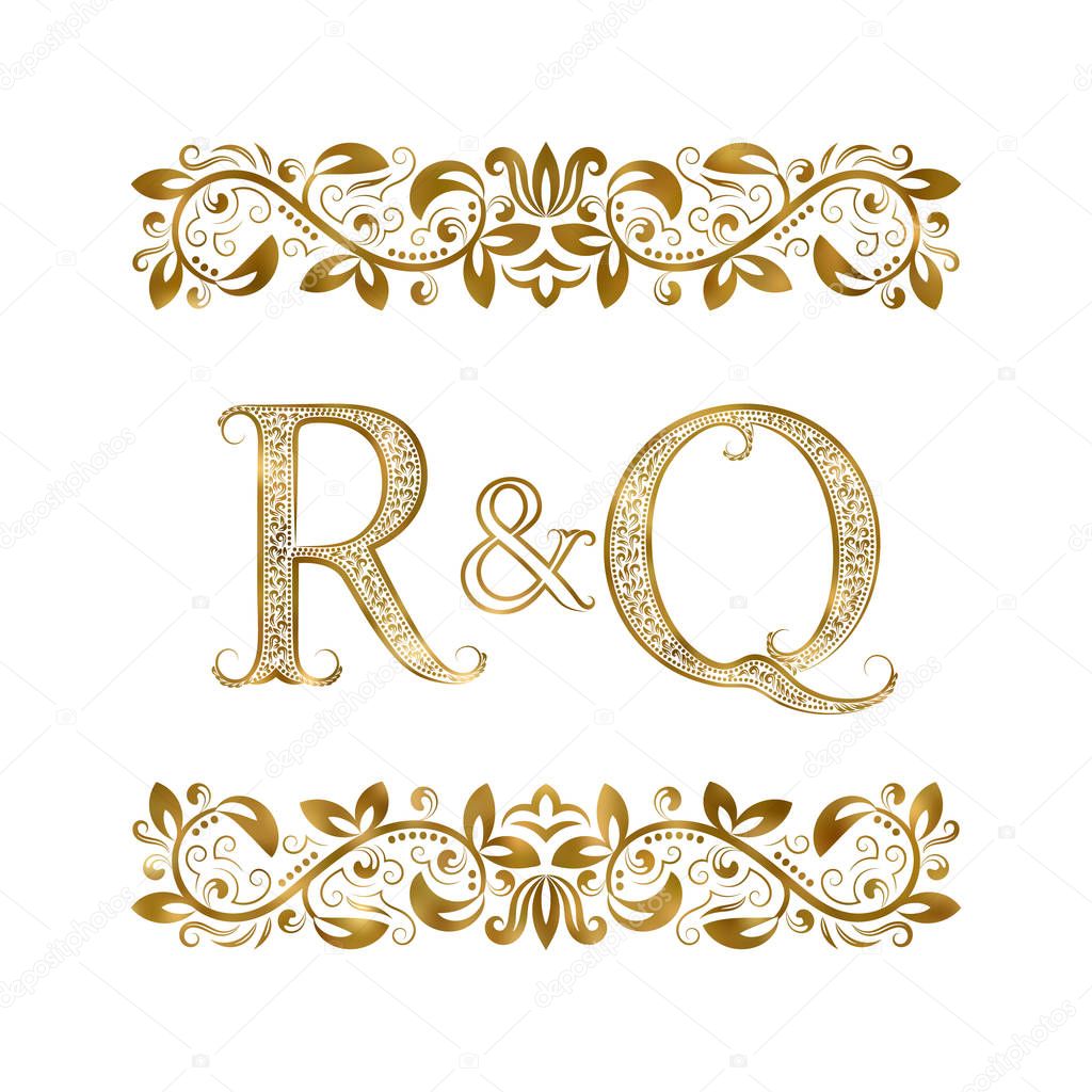 R and Q vintage initials logo symbol. The letters are surrounded by ornamental elements. Wedding or business partners monogram in royal style.