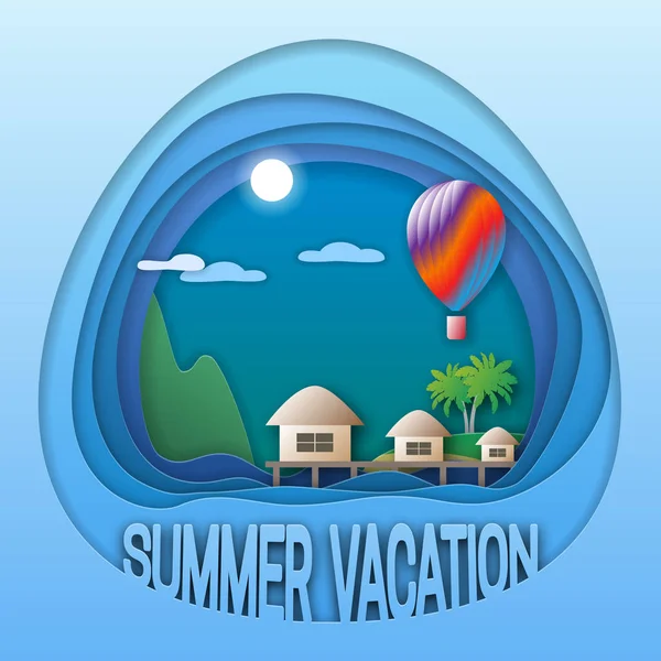 Yaz tatil logo şablonu. Deniz resort bungalovlar, balon, palmiye ağaçları ve dağ. Turist etiket kağıt çizimde stil kesim. — Stok Vektör