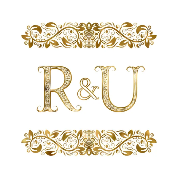 R and U vintage initials logo symbol. The letters are surrounded by ornamental elements. Wedding or business partners monogram in royal style. — Stock Vector