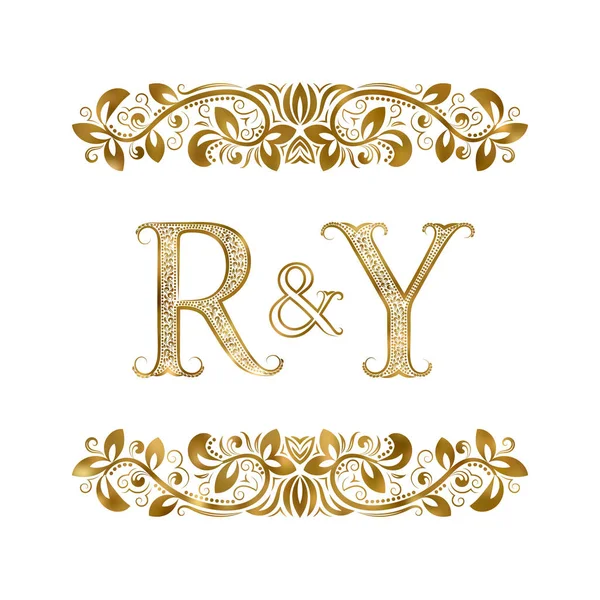 Signatura de las iniciales R e Y vintage. Las letras están rodeadas de elementos ornamentales. Boda o socios de negocios monograma en estilo real . — Vector de stock