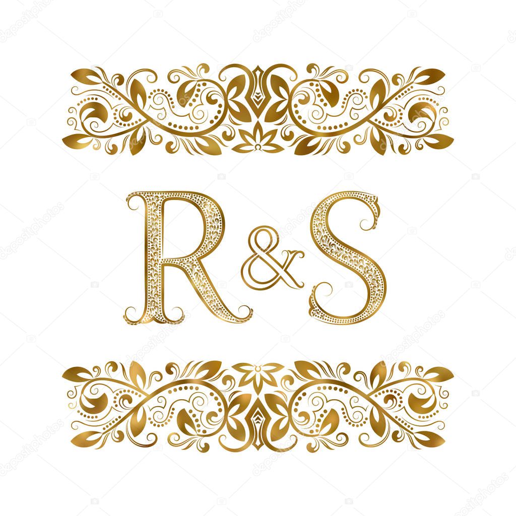R and S vintage initials logo symbol. The letters are surrounded by ornamental elements. Wedding or business partners monogram in royal style.