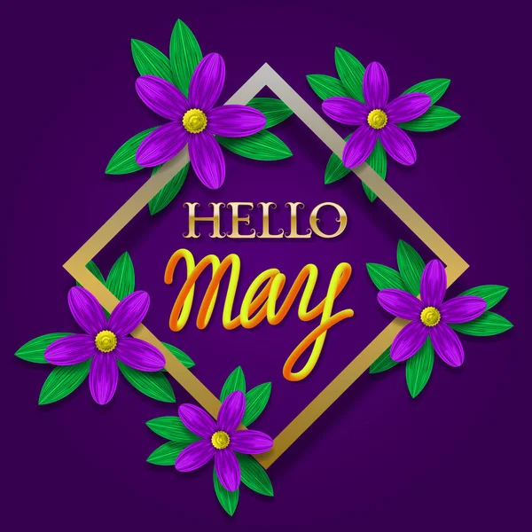 Hallo Mai goldener und gelber Gradienten-Schriftzug auf violettem Hintergrund in goldenem Rahmen mit lila Blüten. — Stockvektor