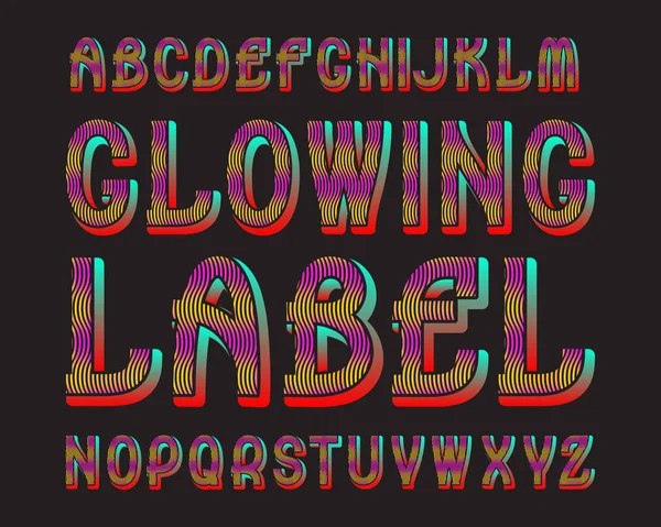 Gloeiende Letters Label lettertype. Kleurrijke luminescente lettertype. Geïsoleerde Engelse alfabet. — Stockvector