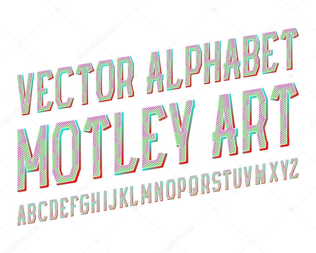 Motley Art vector typeface. Colored gradient font. Isolated english alphabet.