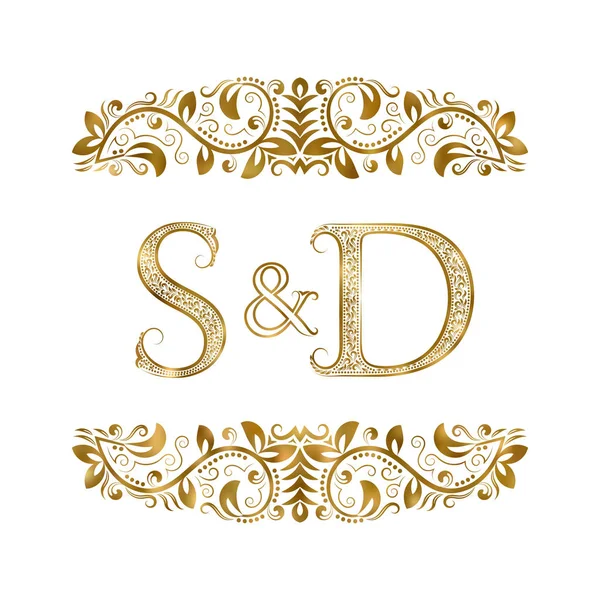 S och D vintage initialer logotyp symbol. Bokstäverna är omgivna av dekorativa element. Bröllop eller business partners monogram i kunglig stil. — Stock vektor
