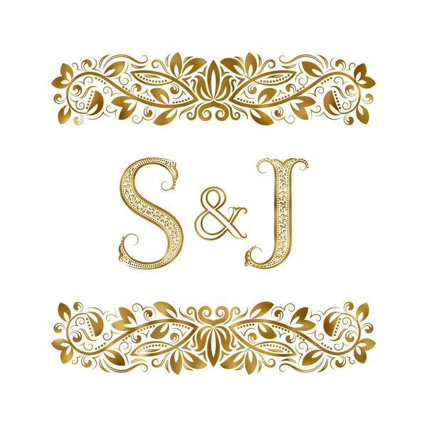 S och J vintage initialer logotyp symbol. Bokstäverna är omgivna av dekorativa element. Bröllop eller business partners monogram i kunglig stil. — Stock vektor