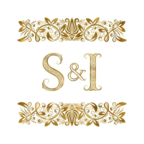 S and I vintage initials logo symbol. The letters are surrounded by ornamental elements. Wedding or business partners monogram in royal style. — Stock Vector