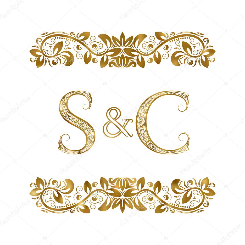 S and C vintage initials logo symbol. The letters are surrounded by ornamental elements. Wedding or business partners monogram in royal style.