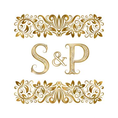S ve P vintage baş harfleri logo sembolü. Harfleri süs öğeleri tarafından çevrili. Düğün ya da iş ortakları monogram Kraliyet tarzı.