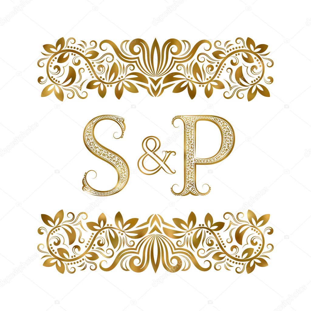 S and P vintage initials logo symbol. The letters are surrounded by ornamental elements. Wedding or business partners monogram in royal style.