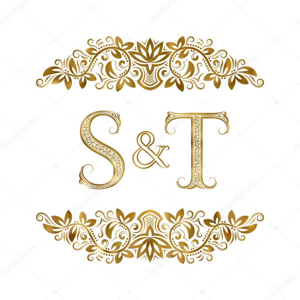 S and T vintage initials logo symbol. The letters are surrounded by ornamental elements. Wedding or business partners monogram in royal style.