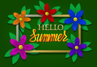Merhaba yaz altın çerçeve ve renkli çiçeklerle güzel afiş