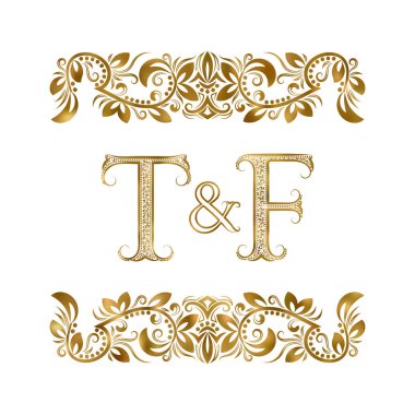 T ve F vintage baş harfleri logo sembolü. Harfleri süs öğeleri tarafından çevrili. Düğün ya da iş ortakları monogram Kraliyet tarzı.