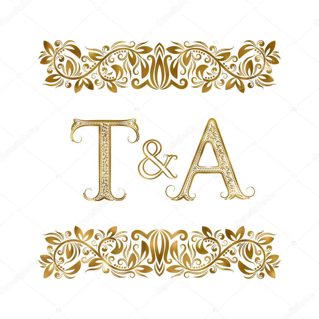 T and A vintage initials logo symbol. The letters are surrounded by ornamental elements. Wedding or business partners monogram in royal style.