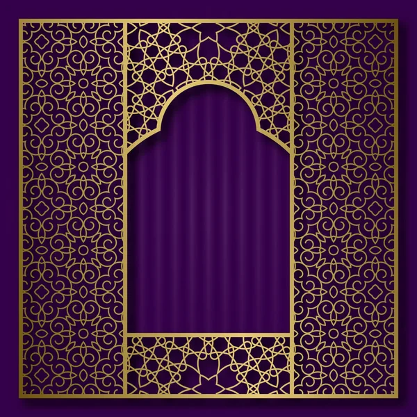 Golden traditional pattern in oriental arched window form. Vintage greeting card background or packaging design frame. — Stock Vector