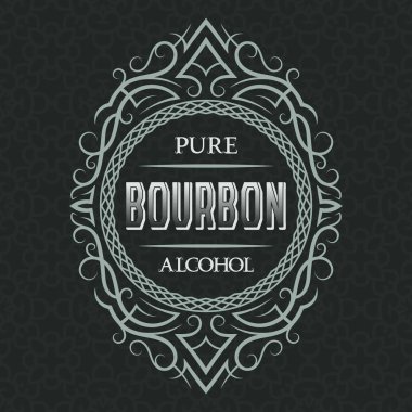 Bourbon saf alkol etiket tasarım şablonu. Vintage desen arka plan üzerinde metin çerçevesiyle desenli.
