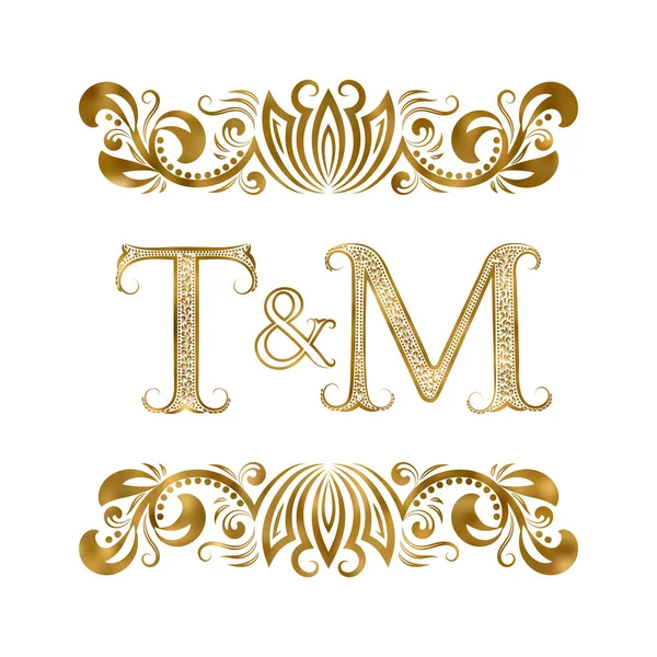 T y M vintage iniciales símbolo del logotipo. Las letras están rodeadas de elementos ornamentales. Boda o socios de negocios monograma en estilo real . — Vector de stock