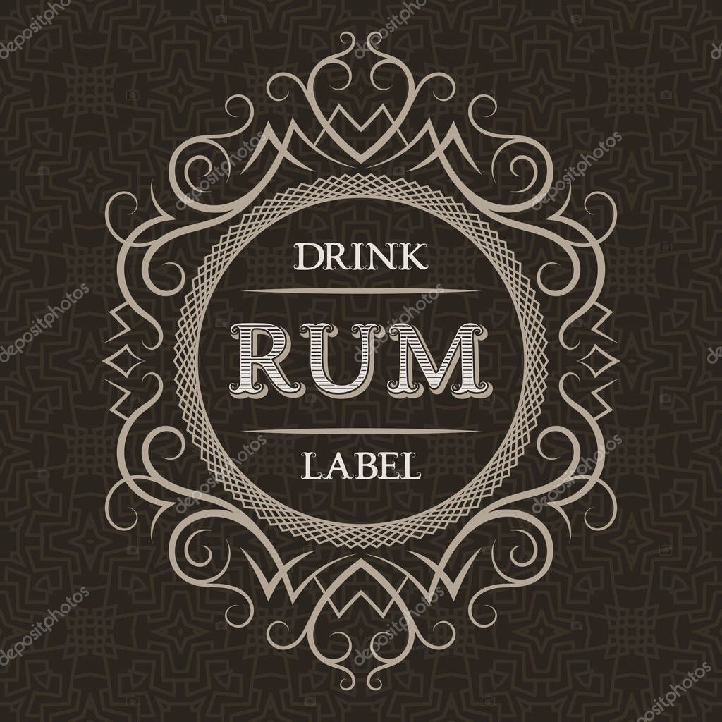 Rum drink label design template. Patterned vintage frame with text on pattern background.