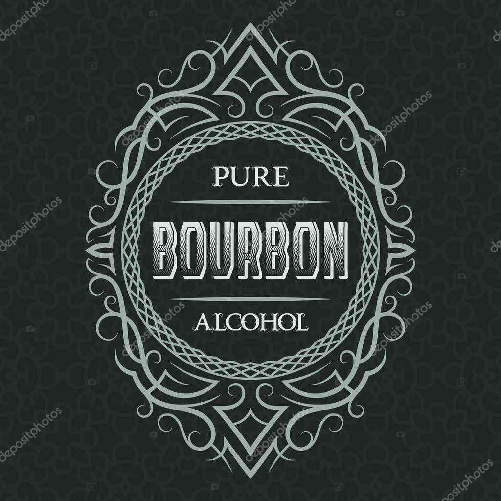 Bourbon pure alcohol label design template. Patterned vintage frame with text on pattern background.