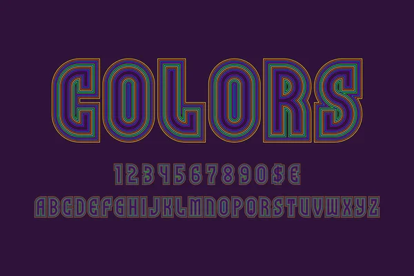 Kleuren alfabet met cijfers en munttekens. Iridescent retro lettertype. — Stockvector